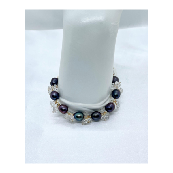 黒淡水パール、ハーキマーダイヤモンドのブレスレット