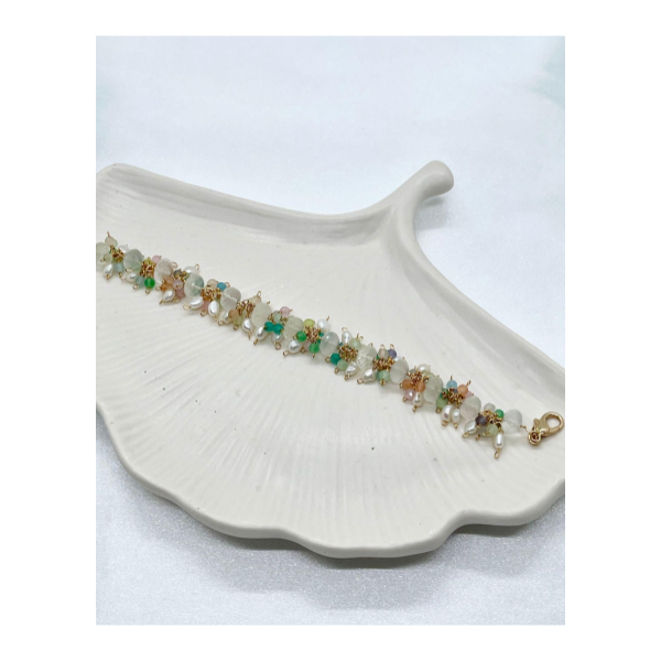 セイロンムーン、キャッツアイ、淡水パールのブレスレット