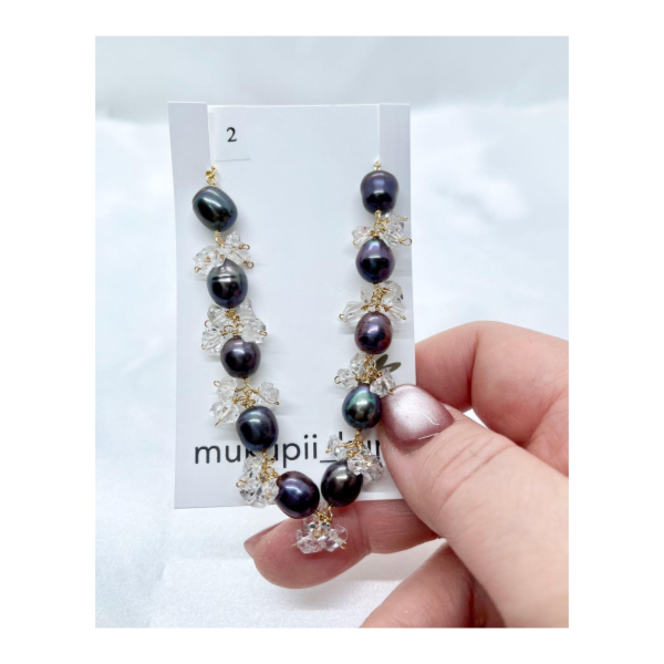 黒淡水パール、ハーキマーダイヤモンドのブレスレット